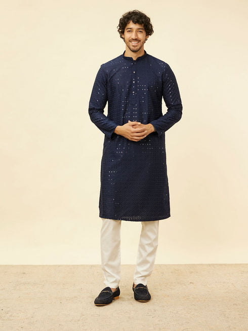 Manyavar Sapphire Blue Chikankari Sequinned Kurta Set