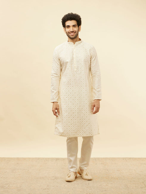 Manyavar Light Cream Lattice Patterned Sequinned Kurta