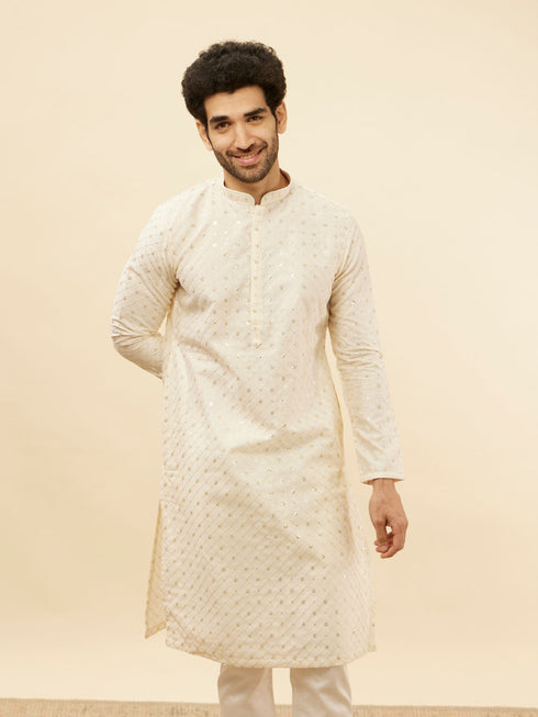Manyavar Light Cream Lattice Patterned Sequinned Kurta