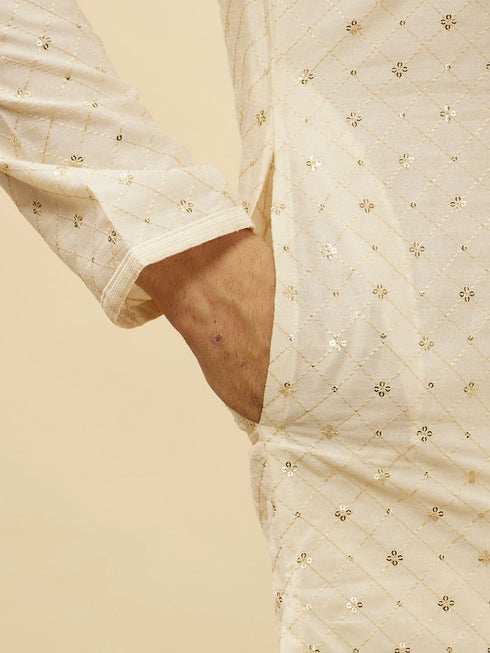 Manyavar Light Cream Lattice Patterned Sequinned Kurta