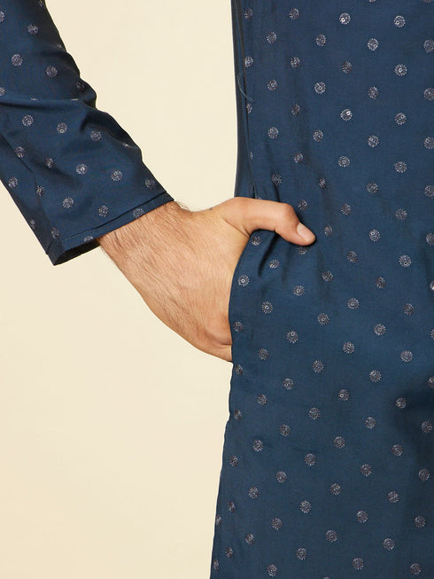 Manyavar Dark Blue Self Motif Kurta Set