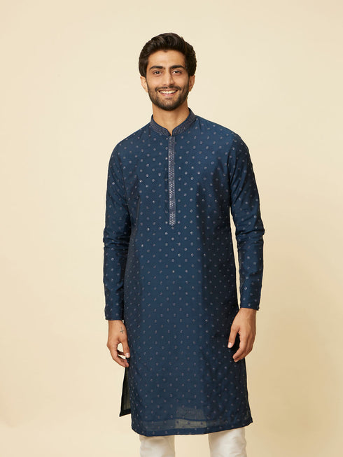 Manyavar Dark Blue Self Motif Kurta Set