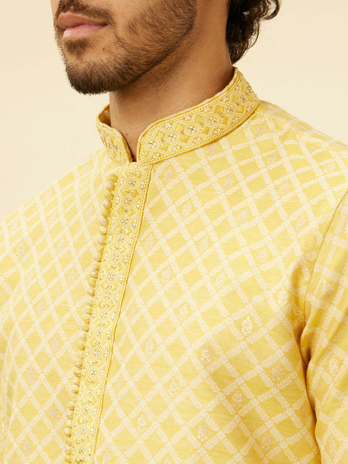 Manyavar Crayola Yellow Floral Buta Patterned Kurta Set