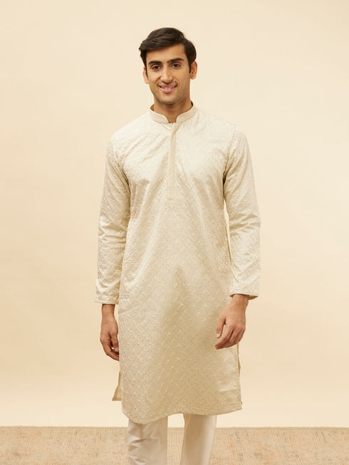 Manyavar Pearl White Jaal Embroidered Sequinned Kurta Set
