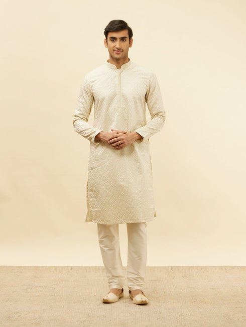 Manyavar Pearl White Jaal Embroidered Sequinned Kurta Set