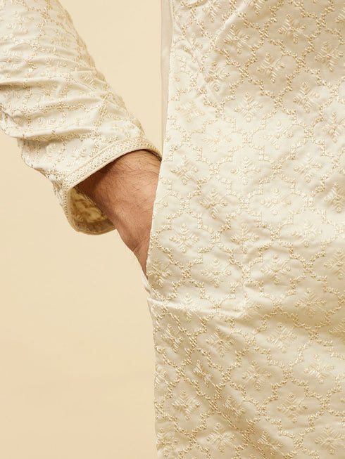 Manyavar Pearl White Jaal Embroidered Sequinned Kurta Set