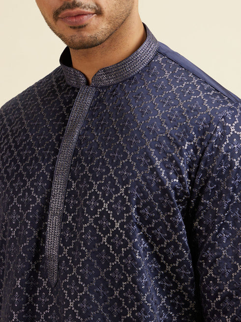 Manyavar Dark Blue Jaal Patterned Kurta Set