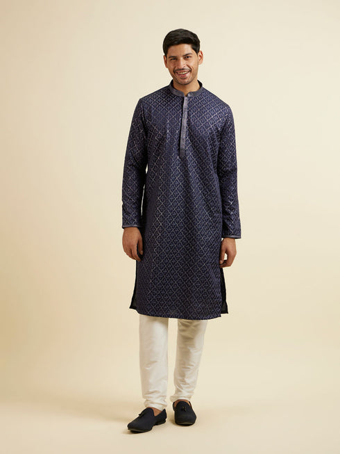 Manyavar Dark Blue Jaal Patterned Kurta Set