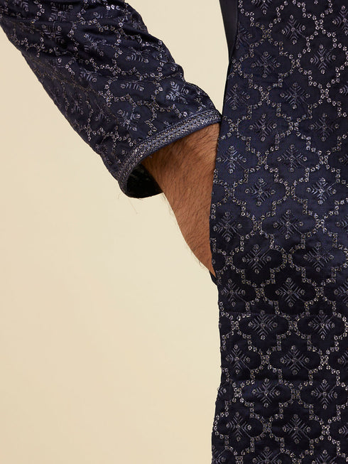 Manyavar Dark Blue Jaal Patterned Kurta Set