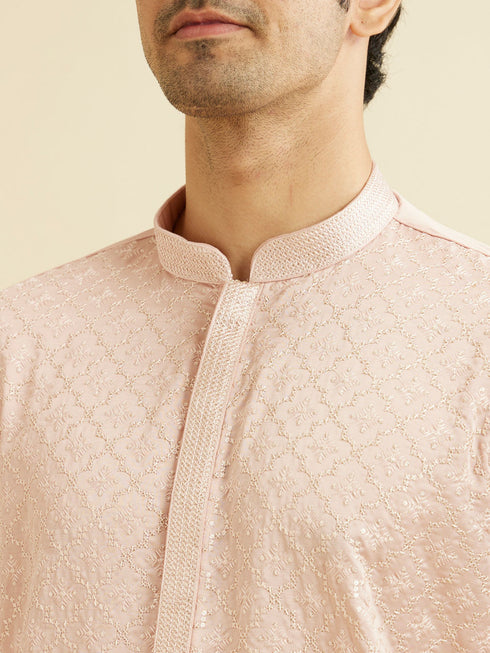 Manyavar Baby Pink Jaal Patterned Kurta Set