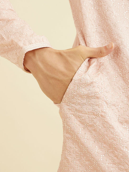 Manyavar Baby Pink Jaal Patterned Kurta Set