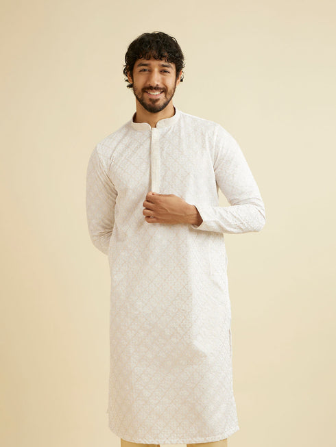 Manyavar Warm White Jaal Patterned Kurta Set