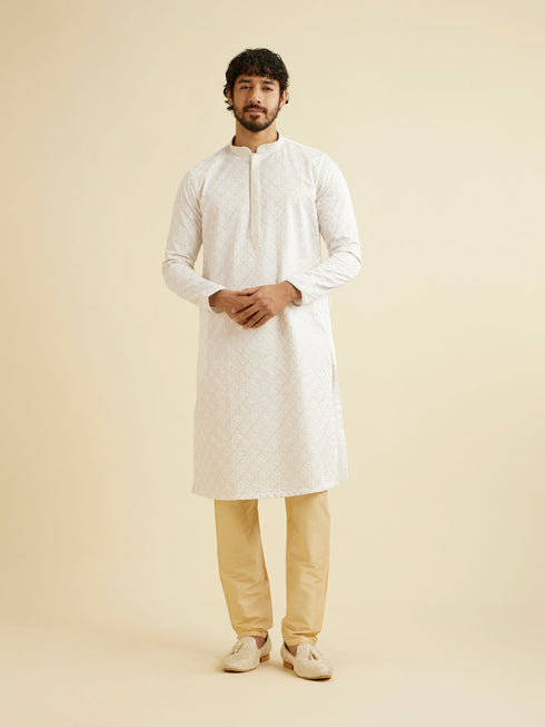 Manyavar Warm White Jaal Patterned Kurta Set