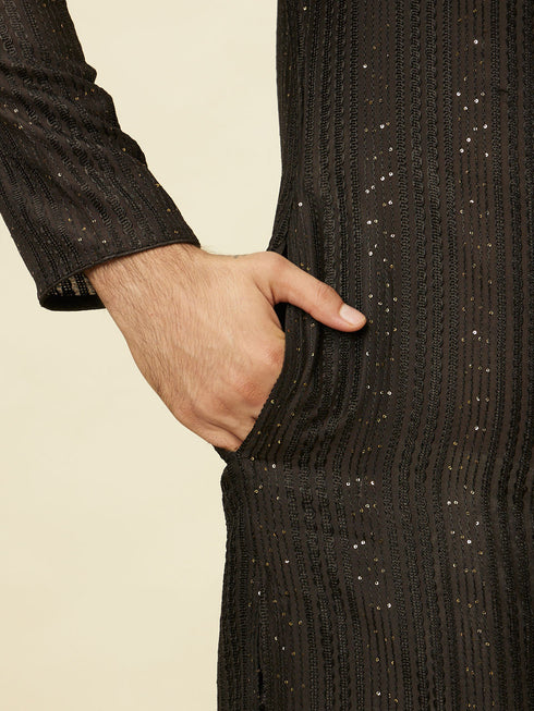 Manyavar Midnight Black Linear Patterned Kurta Set