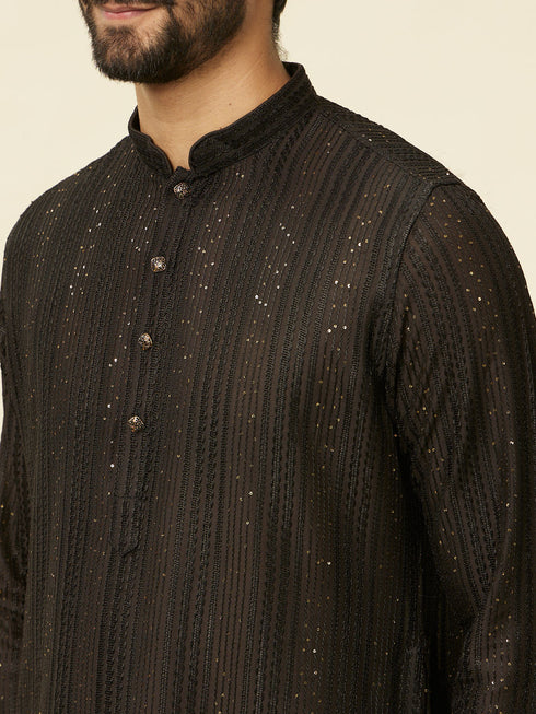 Manyavar Midnight Black Linear Patterned Kurta Set