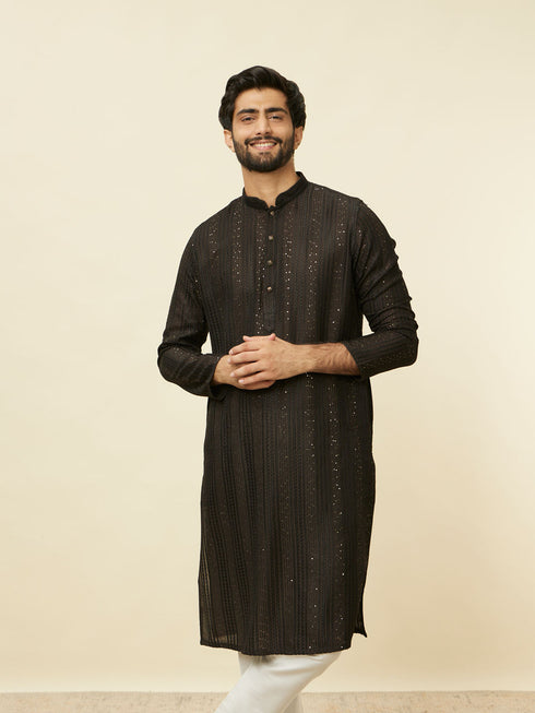 Manyavar Midnight Black Linear Patterned Kurta Set