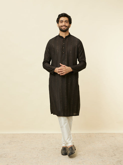 Manyavar Midnight Black Linear Patterned Kurta Set
