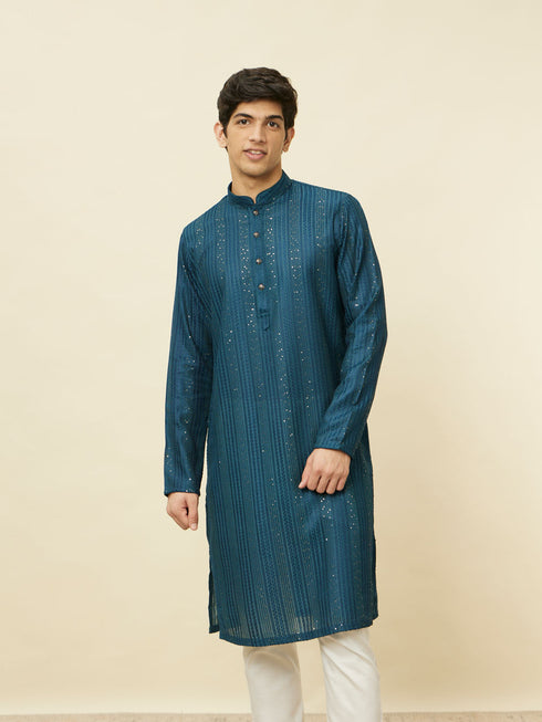 Manyavar Violet Blue Linear Patterned Kurta Set