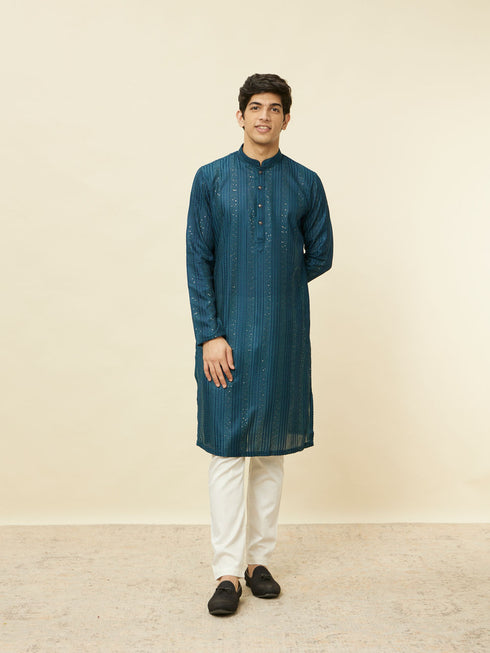 Manyavar Violet Blue Linear Patterned Kurta Set