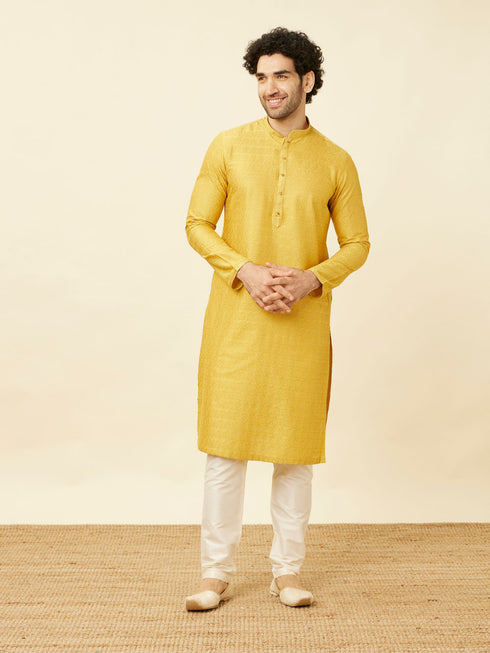 Manyavar Sunrise Yellow Hexagonal Mesh Printed Kurta Set