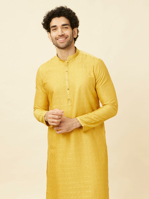 Manyavar Sunrise Yellow Hexagonal Mesh Printed Kurta Set