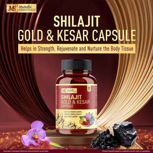 Multani Pharmaceuticals Limited Multani Essentials Shilajit Gold & Kesar Capsules Daily Energy Stamina Strength Vigour & Vitality Support With Ashwagandha Swarna Bhasma & Shudh Shilajit