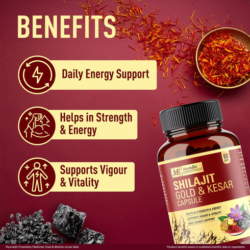 Multani Pharmaceuticals Limited Multani Essentials Shilajit Gold & Kesar Capsules Daily Energy Stamina Strength Vigour & Vitality Support With Ashwagandha Swarna Bhasma & Shudh Shilajit