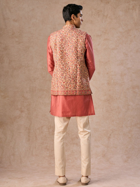 Manyavar Lush Beige-Coral Kurta Jacket Set