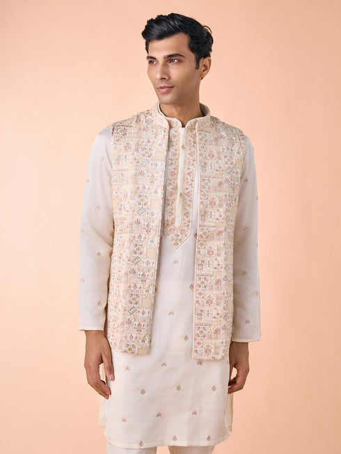 Manyavar Elegant Cream Satin Kurta Jacket Set