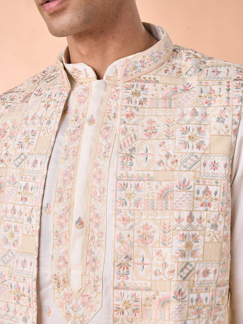 Manyavar Elegant Cream Satin Kurta Jacket Set