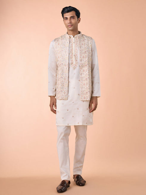 Manyavar Elegant Cream Satin Kurta Jacket Set