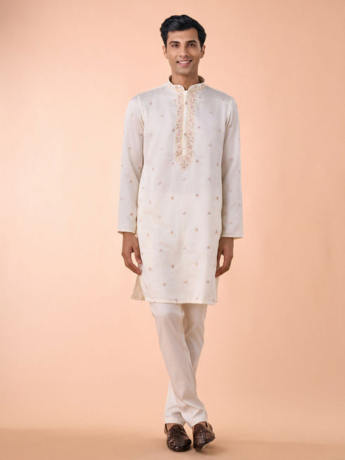 Manyavar Elegant Cream Satin Kurta Jacket Set