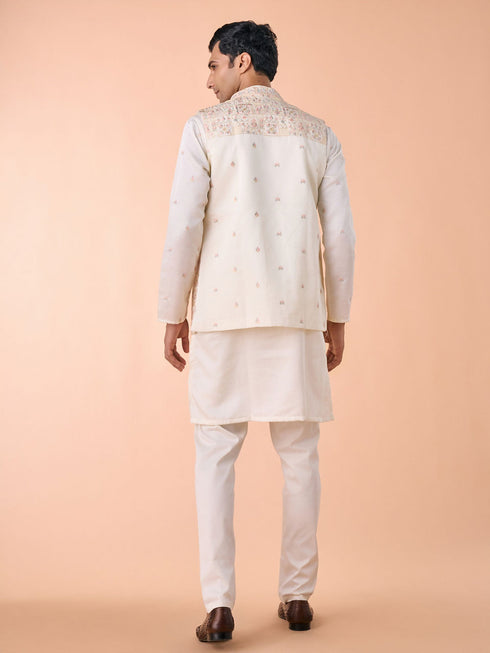 Manyavar Elegant Cream Satin Kurta Jacket Set