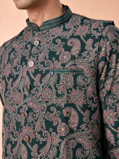 Manyavar Dark Green Kurta Jacket Set