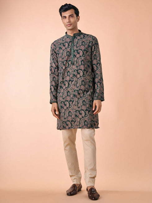 Manyavar Dark Green Kurta Jacket Set