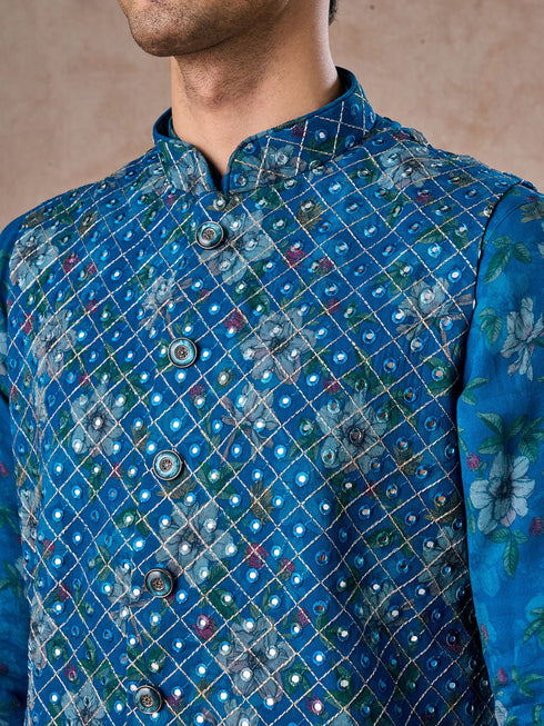 Manyavar Regal Teal Blue Kurta Jacket Set