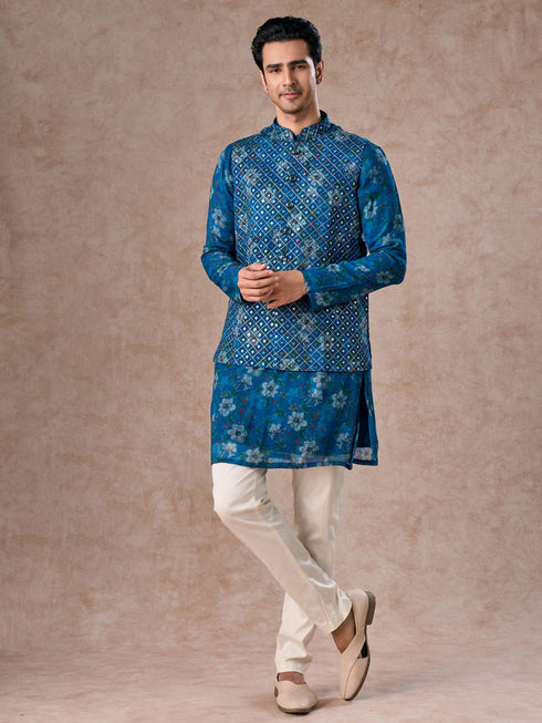 Manyavar Regal Teal Blue Kurta Jacket Set