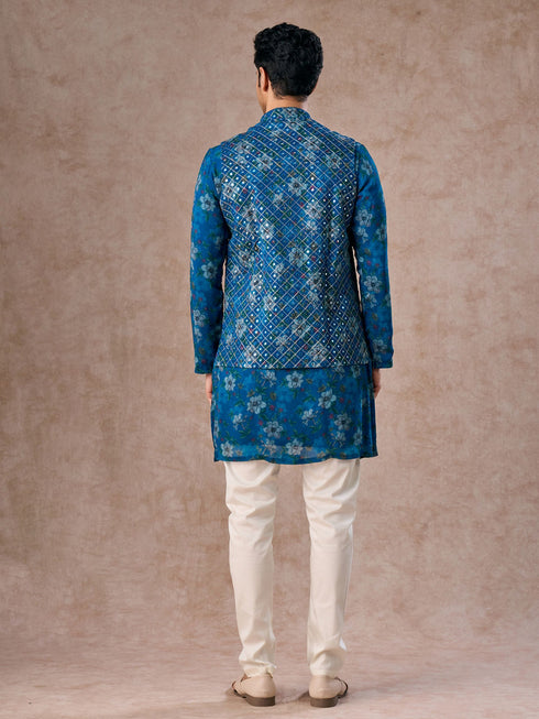 Manyavar Regal Teal Blue Kurta Jacket Set