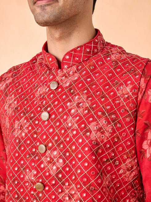 Manyavar Regal Red Kurta Jacket Set