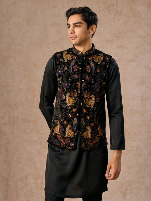 Manyavar Black Majestic Satin Kurta Jacket Set