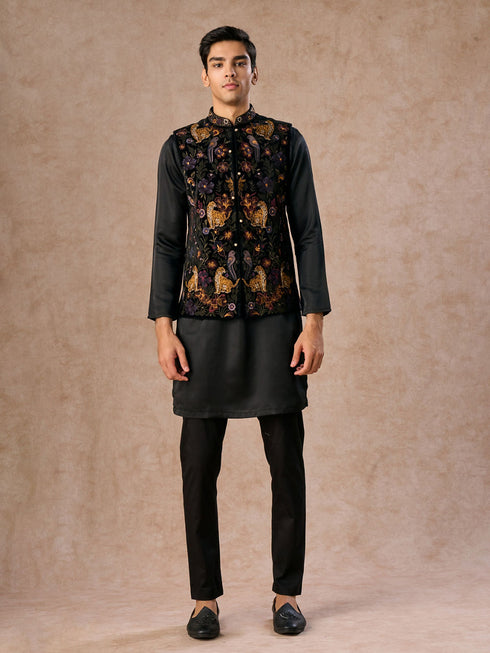Manyavar Black Majestic Satin Kurta Jacket Set