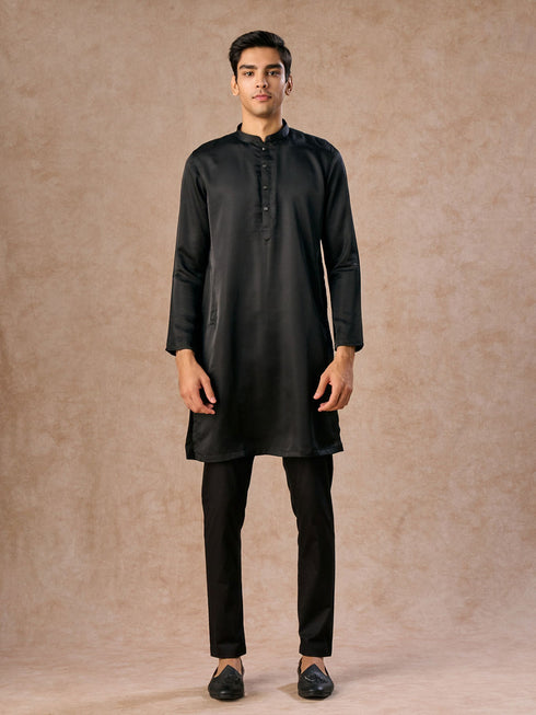 Manyavar Black Majestic Satin Kurta Jacket Set
