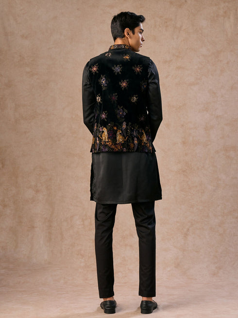Manyavar Black Majestic Satin Kurta Jacket Set