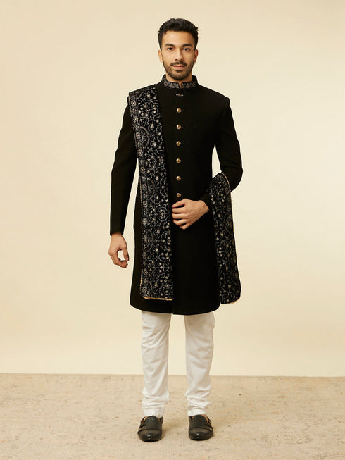 Manyavar Classic Black Achkan Style Sherwani Set