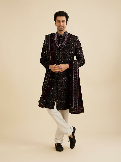Manyavar Grape Wine Jaal Embroidered Sherwani Set with Stone Work