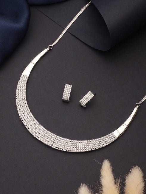 Silver Toned Zircon Studded Statement Collar Necklace Jewellery Set
