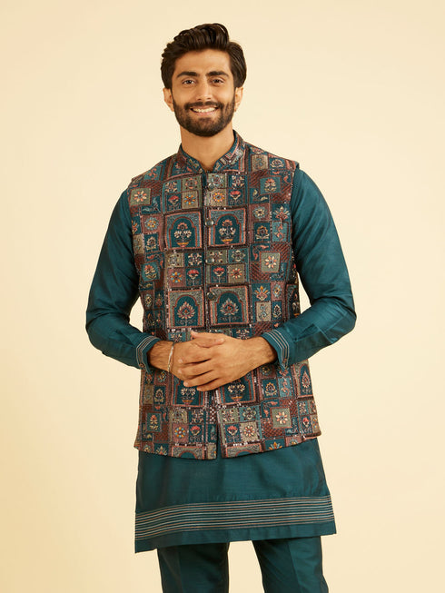 Manyavar Elegant Teal Blue Kurta Jacket Set