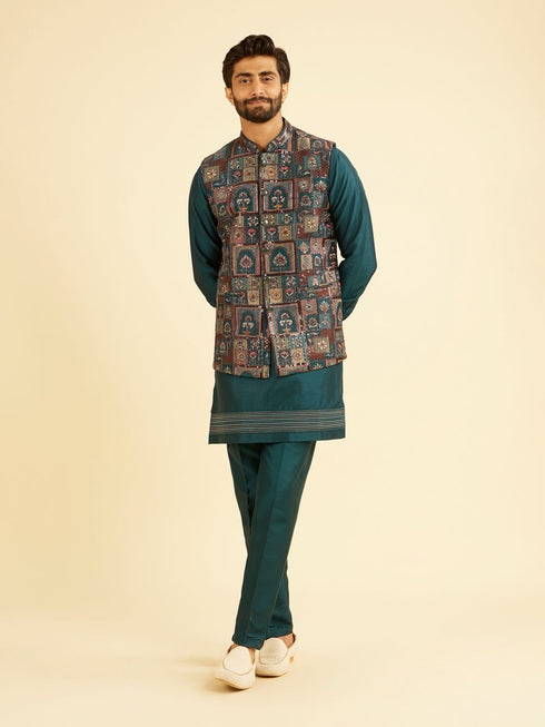 Manyavar Elegant Teal Blue Kurta Jacket Set