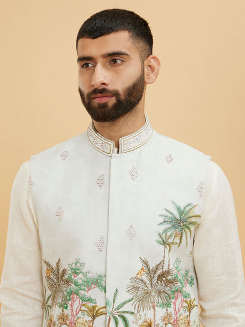 Manyavar Mint Green Linen Scenic Tropical Printed Embellished Jacket Set