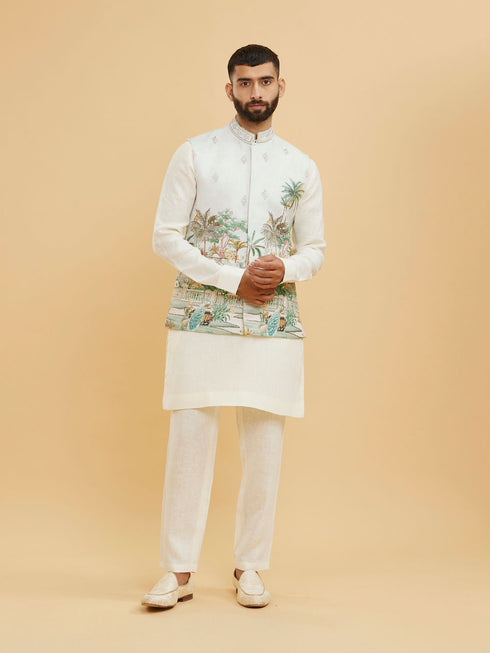 Manyavar Mint Green Linen Scenic Tropical Printed Embellished Jacket Set
